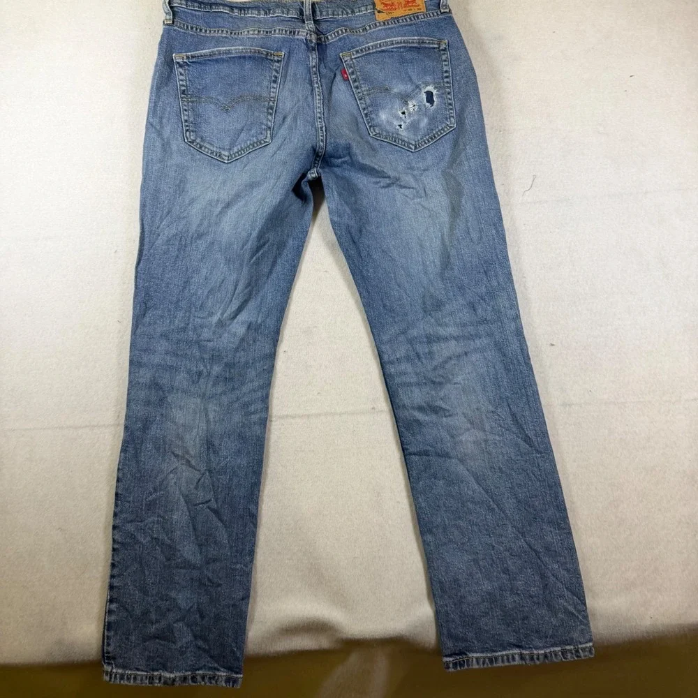 Levis 514 Straight Fit Jeans Mens 36x30 Blue Medium Wash Distressed Thrashed